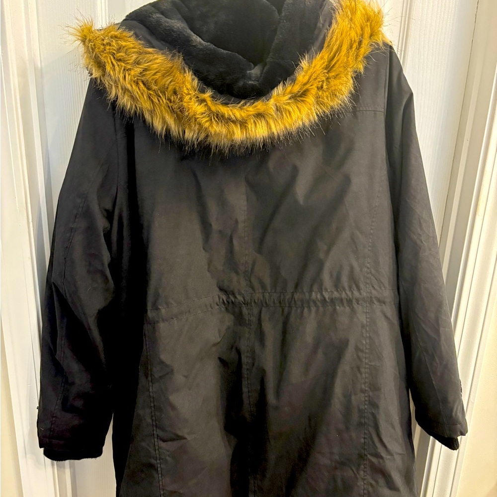 Torrid, mid length coat with fur hood